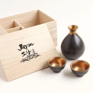 Tokkuri porcelain Sake Cups & Bottle set Mino ware black gold Japan New - Picture 1 of 11