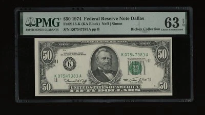 DBR 1974 $50 FRN Dallas Fr. 2118-E PMG 63 EPQ Serial E07547383A - Image 1 of 2