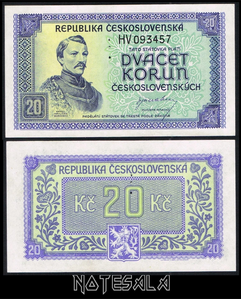 Czechoslovakia 20 Korun 1945 P-61as SPECIMEN UNC Perforated - Image 1 of 1