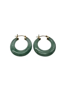 VTG Jade Jadeite 14K Gold Hoop Earrings Classic Green Stamped - Picture 1 of 10