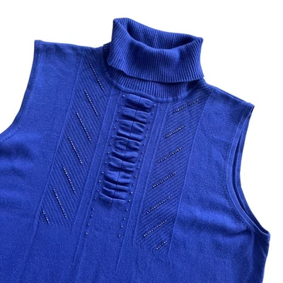 Suéter tejido cuello alto sin mangas con cuentas adornado azul real XL para mujer RQT Foto 1 de 4