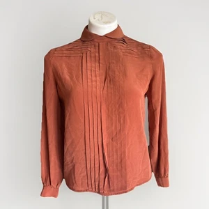 Vintage 90er braune Seidenbluse Damen 8 Falten Peter Pan Kragen bescheiden Twee Sekretärin - Bild 1 von 9