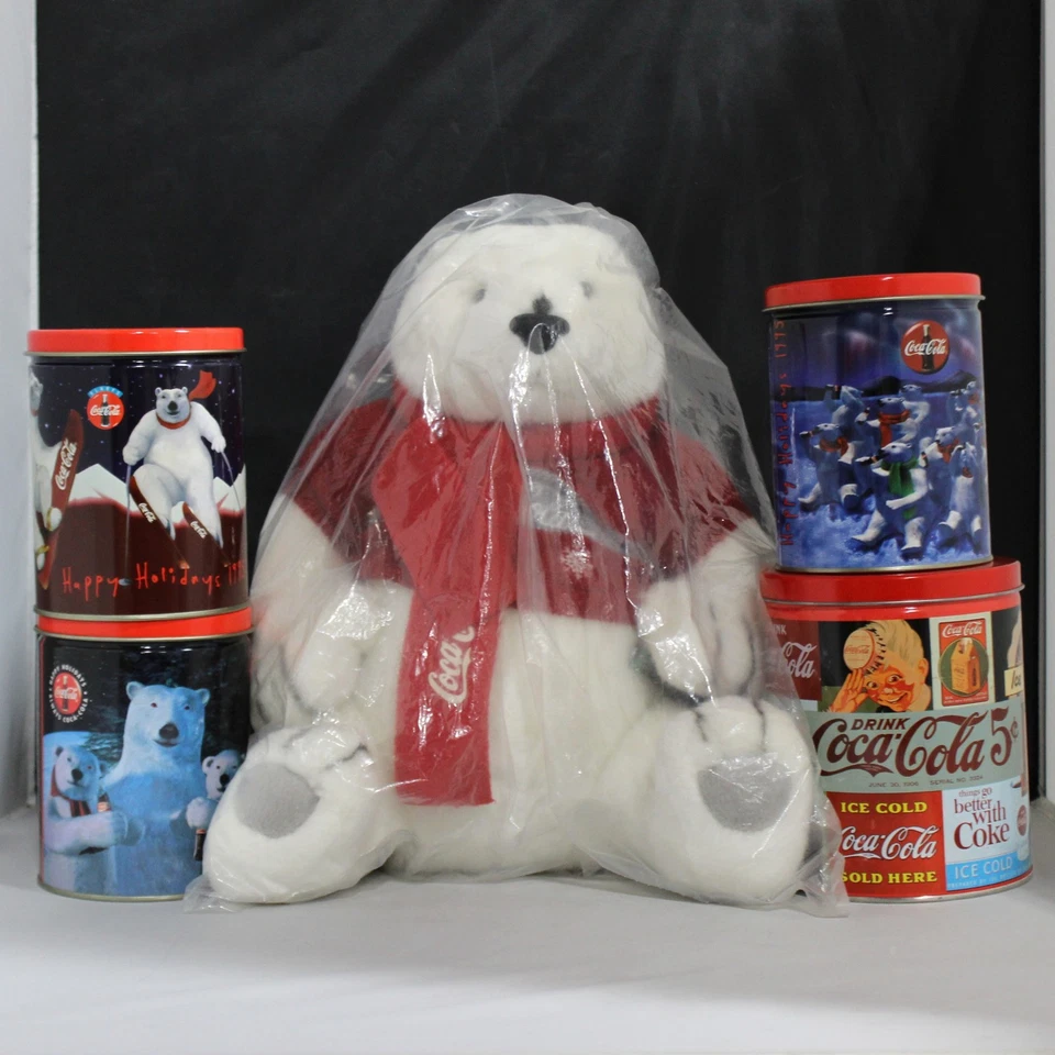 Lot of 5: 4 Coca-Cola Tins w/ Coke Puzzle Inside + Coca-Cola Plush Bear - Image 1 of 4
