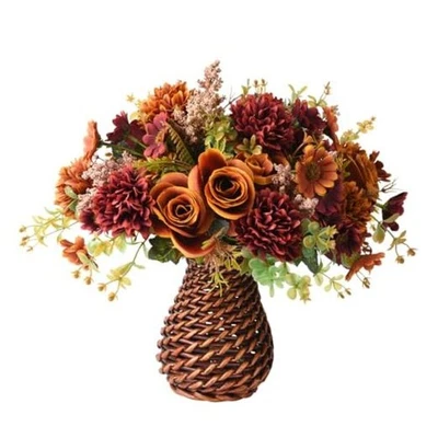 Flores artificiales de imitación en florero, arreglos florales de seda falsa marrón rosa Foto 1 de 4