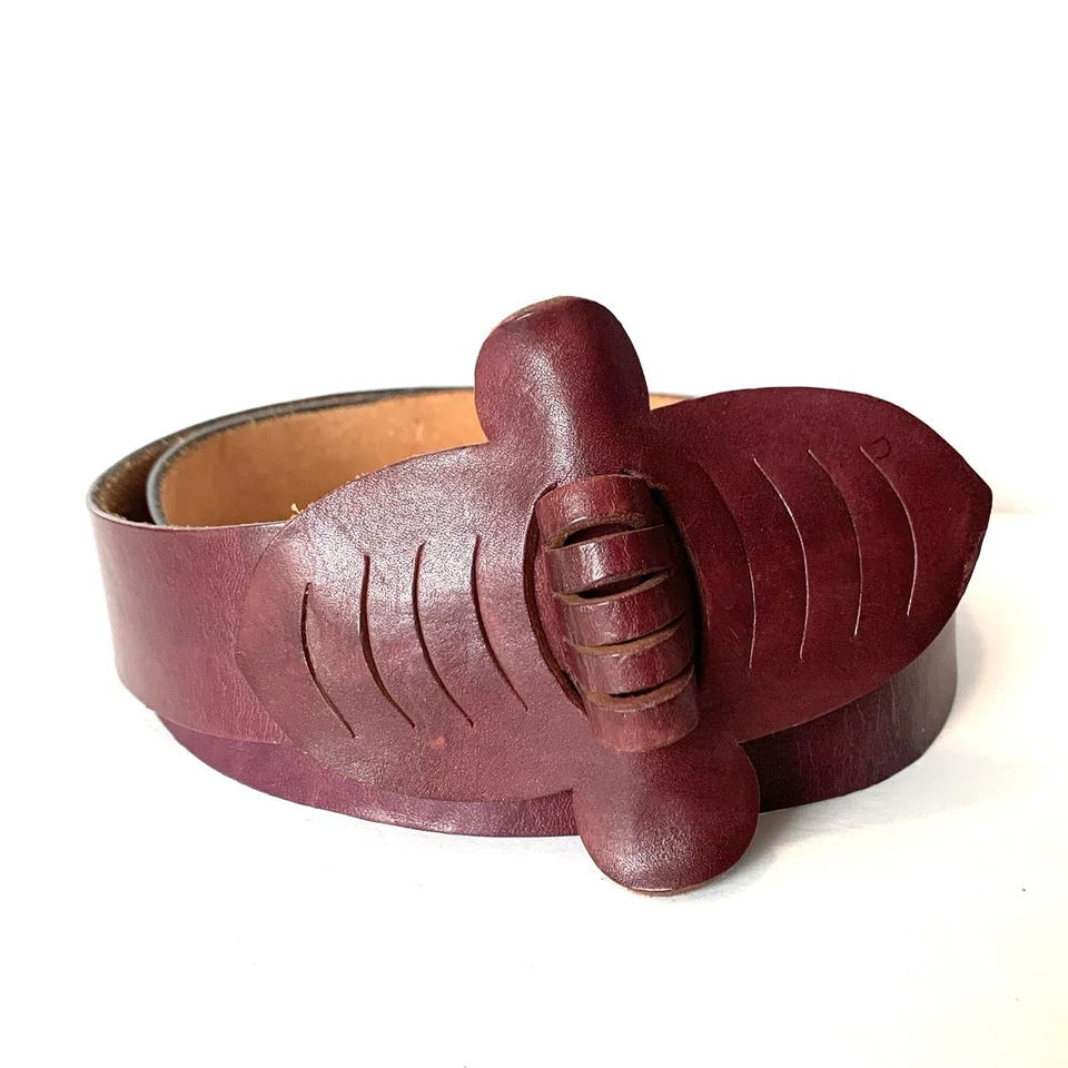 Vintage Anne Klein for  Calderon 8942 Oxblood Med Leather Belt Sculptural Buckle - Image 1 of 4