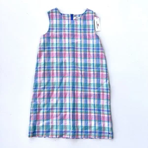 Vineyard Vines Shift Dress Girls 14 Pink Blue Madras Plaid Linen Blend Coastal - Picture 1 of 13