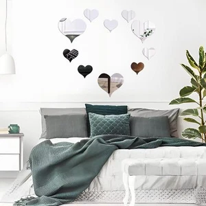 Wall Mirror Stickers 10Pcs Love Mirrors Self Adhesive Acrylic Mirror for Bedroom - Picture 1 of 7