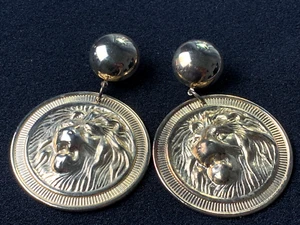 Vintage 90s Earrings Statement Womens Lion Heads Round Dangle Pierced - Picture 1 of 8
