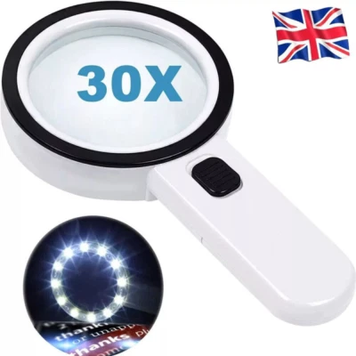 30X Extra Large Magnifying Glass With 12 LED Light Illuminated Reading Loupe UK - Image 1 of 4