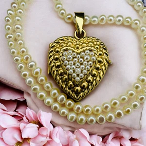 ANTIQUE- 14K Gold- Heart Locket Necklace -19"-Victorian Seed Pearl Pendant 12.8g - Picture 1 of 24