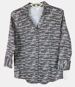 NWT DANA BUCHMAN Women Stretch Cotton Blouse 3/4 Sleeve Multicolor Geo M - Picture 1 of 14