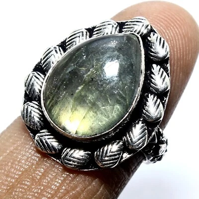 Joia anel feita à mão de prata 925 sólida pedra preciosa labradorita natural tamanho 7,5 - Imagem 1 de 4