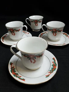 Lote de 3 tazas y platillos de café de té de Navidad de porcelana fina y cintas de flor de pascua  - Imagen 1 de 5