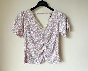 New Look Top T-Shirt Pink Blue Floral Short Sleeve Ruched Front Lace Trim UK 12 - Picture 1 of 6