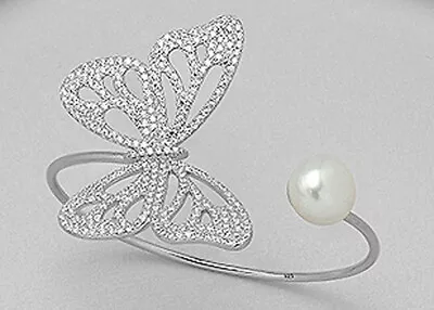 Solid Sterling Silver CZ Butterfly Pearl Cuff Bangle Bracelet 11.7g Fits 7"-7.5" - Image 1 of 4