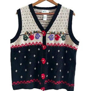 Vtg Quacker Factory Embroidered Sweater Vest L Mittens Jingle Bells Cottagecore - Picture 1 of 11