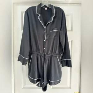 NEU Victoria's Secret schwarzer Langarm Glitzerbesatz Satin Schlaf Strampler Größe L - Bild 1 von 8