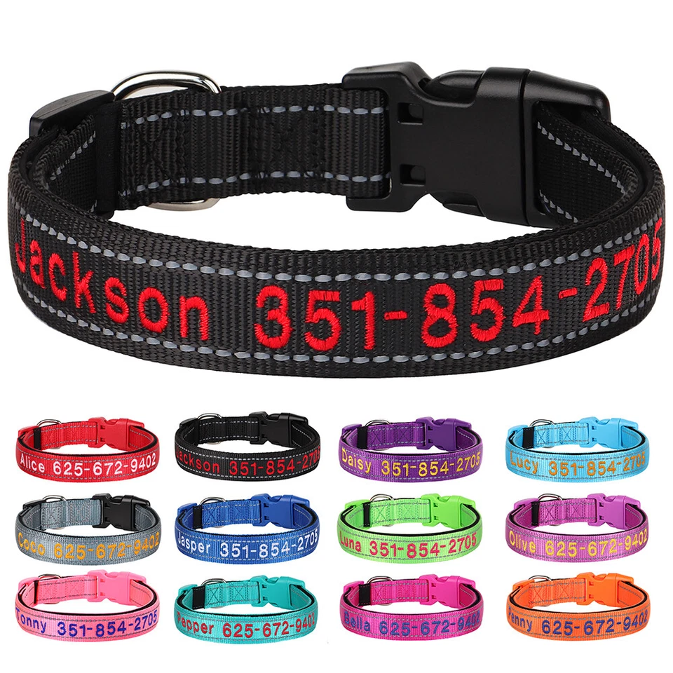 Personalised Dog Collar Embroidered Reflective Nylon Custom ID Name Phone Number - Image 1 of 4