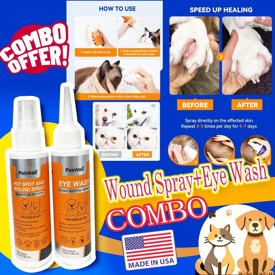 Hot Spot and Wound Spray 4 oz + Eye Wash 4 oz Combo for Dogs and Cats - Image 1 of 4