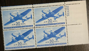 Scott #C30 Twin-motored Blue Transport Plane Plate Block of 4 Stamps - MNH