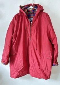 Totes Red Hooded Rain Jacket Red Plaid Flannel Lining Drawstring Size Large - Picture 1 of 2