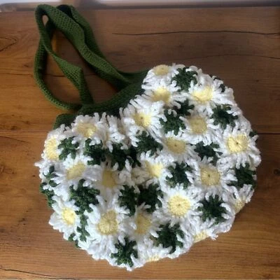 Crocheted Knit Boho Hippie Daisy Floral Flower Purse Tote Bag - Image 1 of 4