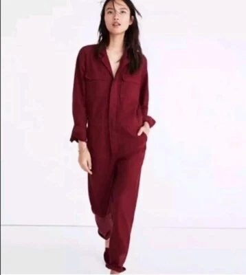 Madewell Size 0 Garment Dyed Denim Slim Coverall Jumpsuit Burgundy Red K3293 EUC - Image 1 of 4