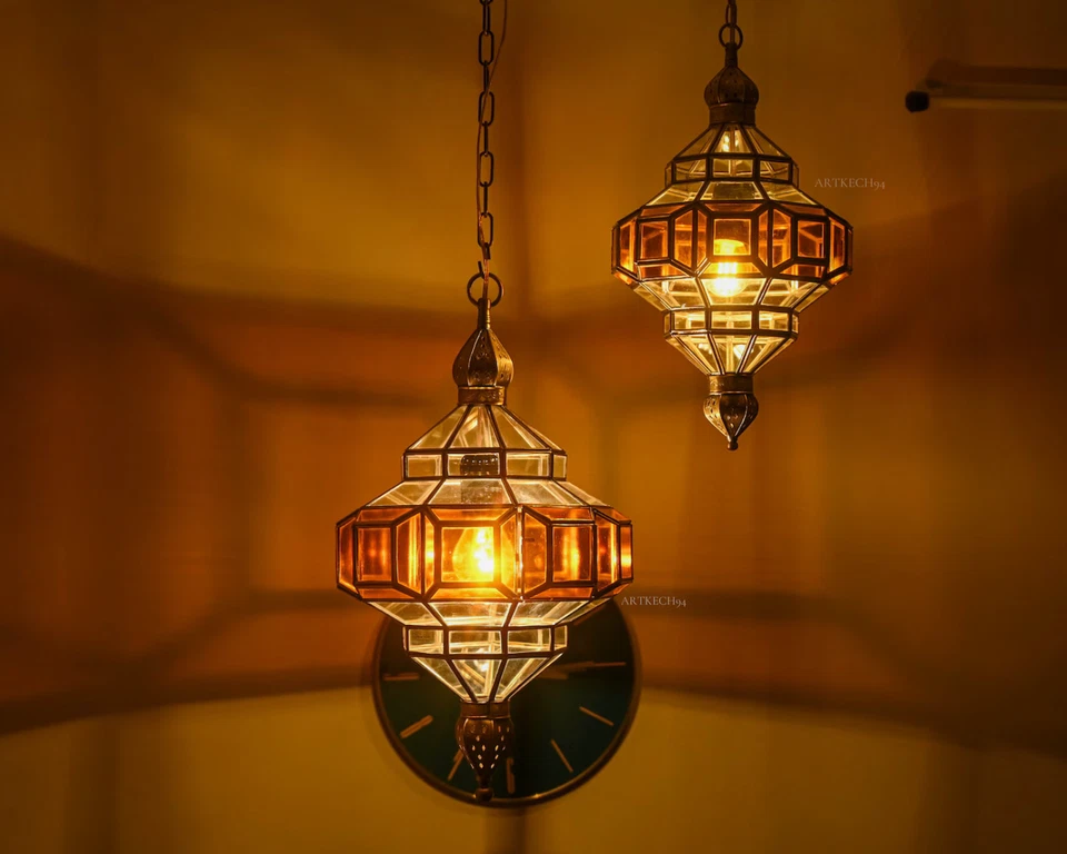 Handmade Moroccan Pendant Light : Glass & Brass Filigree Suspension Lamp - Image 1 of 4