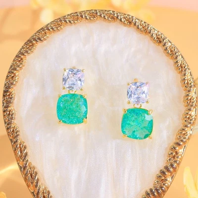 Chic Gold Plated CZ White Ice Green Square Stone Dangle Drop Earrings for Women - Image 1 of 4