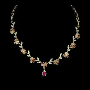 Summer 925 Silver Necklace Pear Ruby Emerald Tourmaline Gemstone Jewelry 18in - Picture 1 of 13