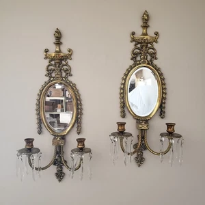2 Large 23" Empire Style Mid Century Brass Wall Mirror Sconces & Crystal Prisms - Picture 1 of 13