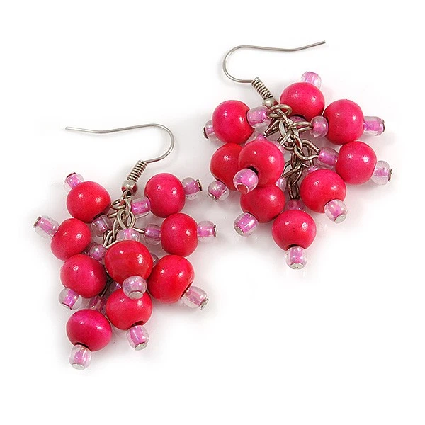 Deep Pink Wood Bead Cluster Drop Earrings in Silver Tone Metal - 55mm L - Image 1 of 4