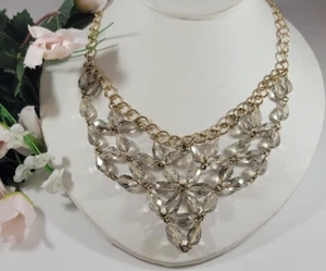 BOLD Statement Gold Tone Chain Flower Crystal Beads Bib Runway Elegant 17-20" - Picture 1 of 5