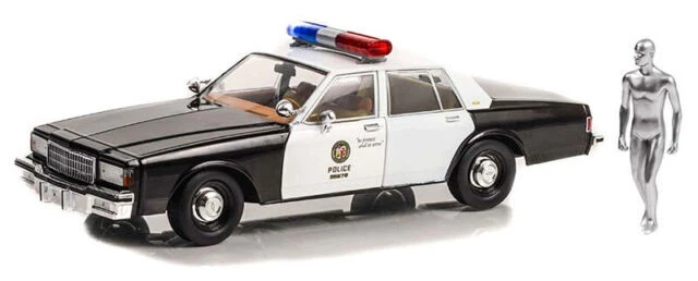 Greenlight Terminator 2: Chevrolet Caprice Metropolitian Police 1987 1:18 Scale Car with T-1000 Liquid Metal Terminator Action Figure (19105)