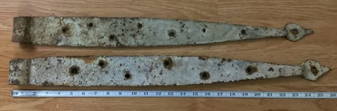 Antique Farm Barn Door Strap Spade Hinges Wrought Iron Pair 24.5” + 26” Set HUGE Cover