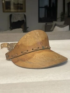 Vintage Hand Tooled Made Leather Sun Visor Hat Adjustable Floral Design DAMAGED - Picture 1 of 12
