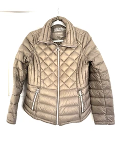 Michael Kors Jacket Womens Large Down Beige Puffer Quilted Coat Silvertone CE - Picture 1 of 11