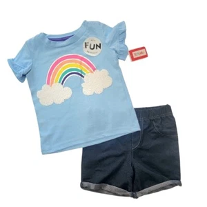 Toddler Girl Size 3T Rainbow Set 2 Pc Tee Shirt & Short / Blue - Picture 1 of 7
