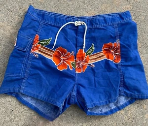 80's Vintage SUNDEK Blue Beach Board Shorts Surf Swim Trunks Hibiscus 31" USA - Picture 1 of 4