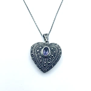 Collar Medallón Corazón Amatista y Marcasita Vintage Plata de Ley .925 - Imagen 1 de 15