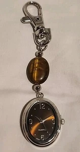 Keychain Watch Women Silver Tone Brown Tigers Eye Bead Purse Charm New - Picture 1 of 4