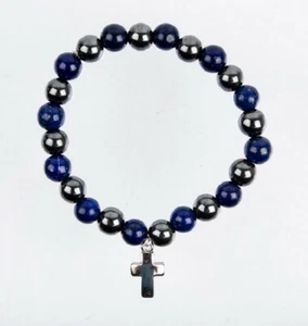 Bracelet perles 7 mm hématite et lapis-lazuli avec breloque croix métal - Imagen 1 de 1