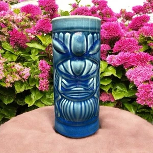 Blue Tiki Tall Mug Cup Vase Hawaiian Libbey Ceramic 3D Embossed 6.75" Bar Pool - Picture 1 of 11