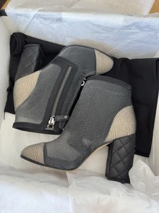 CHANEL Mesh Grosgrain Cap Toe Short Boots 35 Grey Black - Picture 1 of 9