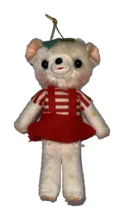 Vintage Japan weiß Mädchen Teddybär Ornament beflockt Körper Filz Rock Weihnachten - Bild 1 von 7