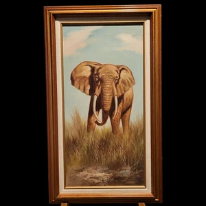 Rex Signed Original Elephant Charging Oil Painting On Canvas Framed - Picture 1 of 8