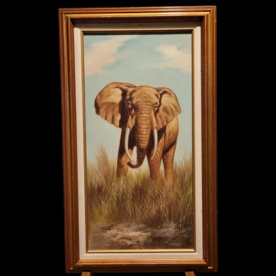 Pintura al óleo sobre lienzo original firmada por Rex elefante carga enmarcada Foto 1 de 4