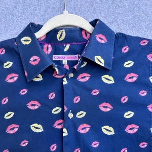 Coton Doux Shirt Mens Large 42 Navy Blue Kiss Print Long Sleeve Button Up French - Picture 1 of 8