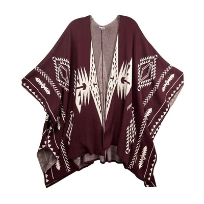 Charlotte Russe Burgundy Aztec Print Open Front Poncho Cape Shawl One Size - Image 1 of 4