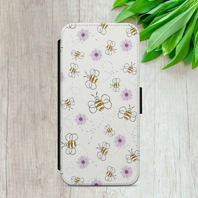 BEE DAISY FLORAL NATURE FLIP WALLET PHONE CASE COVER FOR IPHONE SAMSUNG GOOGLE - Image 1 of 4